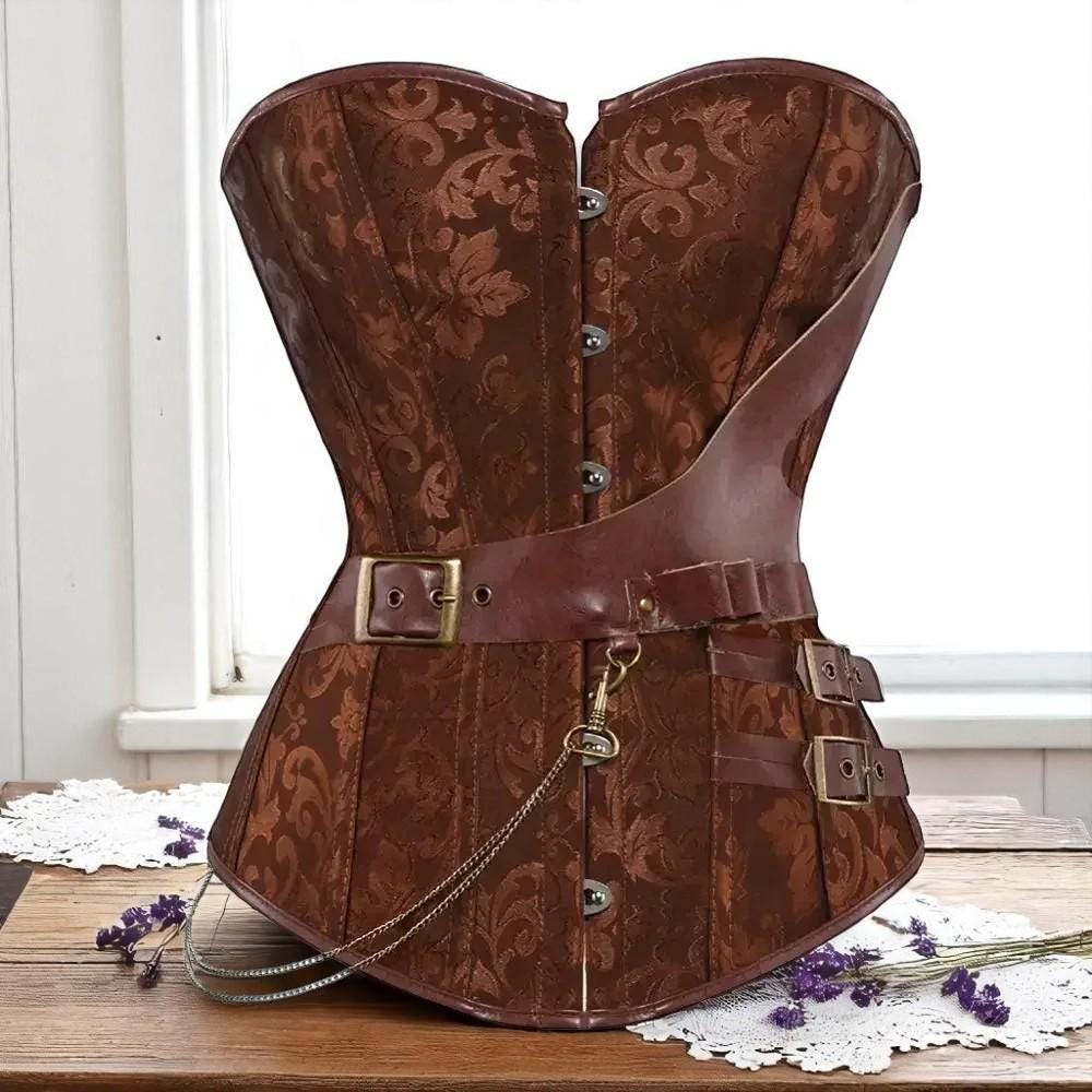 Pirate Steampunk Corset top, Leather Corset Top crafted from premium satin and faux leather, Ren faire corset, Plus Size gothic clothes