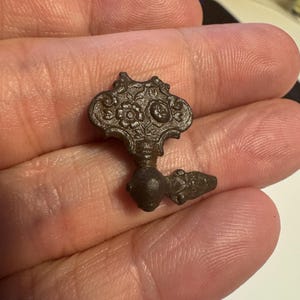 Puede incluir: Un pequeño objeto de metal marrón adornado con un diseño floral. Tiene una forma redonda y bulbosa y un brazo largo y delgado que se extiende hacia un lado.