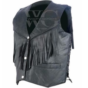 Gilet da uomo in vera pelle nera con frange - Stile western da cowboy/biker - Allacciatura laterale - Regalo