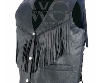 Chaleco de cuero negro con flecos para hombre - Estilo vaquero motero del oeste - Chaleco de cuero auténtico hecho a mano