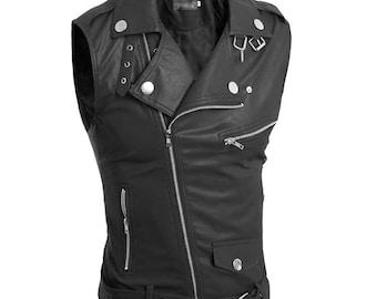 Men's Black Genuine Leather Biker Vest - Slim-Fit Motorcycle Waistcoat - Asymmetrical Zip Sleeveless Jacket