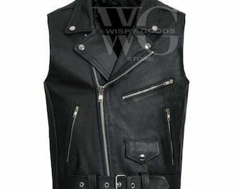 Colete masculino de couro preto estilo motociclista - Presente para o Dia dos Pais - Estilo Rebelde/Melindrosa