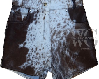 Women's Cow Print Hair-On Leather Shorts - High Waist Western Cowgirl Fashion - Cowhide Hot Pants