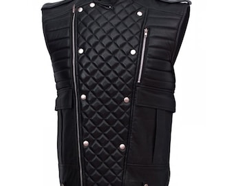 Colete masculino de couro preto acolchoado | Presente para o pai | Colete para motociclista com zíper assimétrico