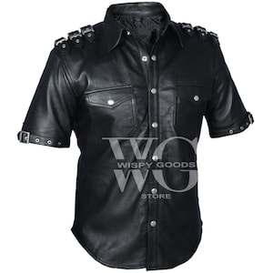 Camicia da uomo in vera pelle - Nera, stile poliziotto - Con cinturino alla spalla e fibbia, maniche corte.