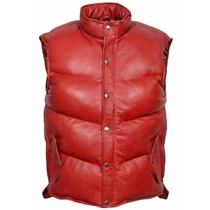 Gilet imbottito in vera pelle rossa - Gilet trapuntato senza maniche da uomo - Bomber Streetwear, regalo per lui