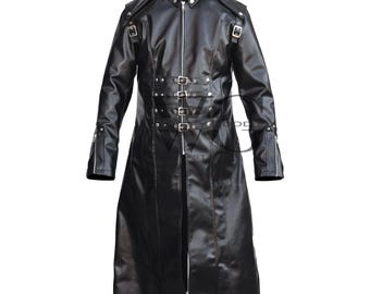 Abrigo largo de cosplay estilo militar para hombre / Regalo para papá / Chaqueta gótica tipo gabardina de imitación de cuero