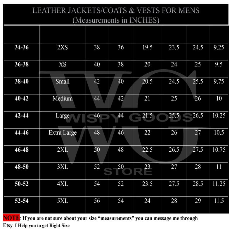Puede incluir: Un gr&aacute;fico en blanco y negro que detalla las tallas de chaquetas, abrigos y chalecos de cuero para hombre, con medidas en pulgadas. Las tallas van de 34-36 a 52-54, con las medidas correspondientes de pecho, cintura y manga.