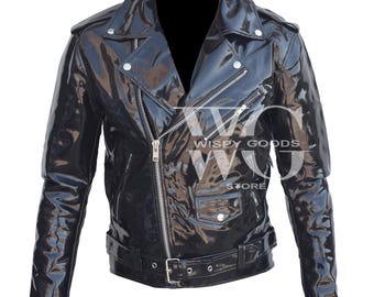 May include: Black leather motorcycle jacket with a zipper closure and a belt at the waist. The jacket has a shiny, patent leather finish.