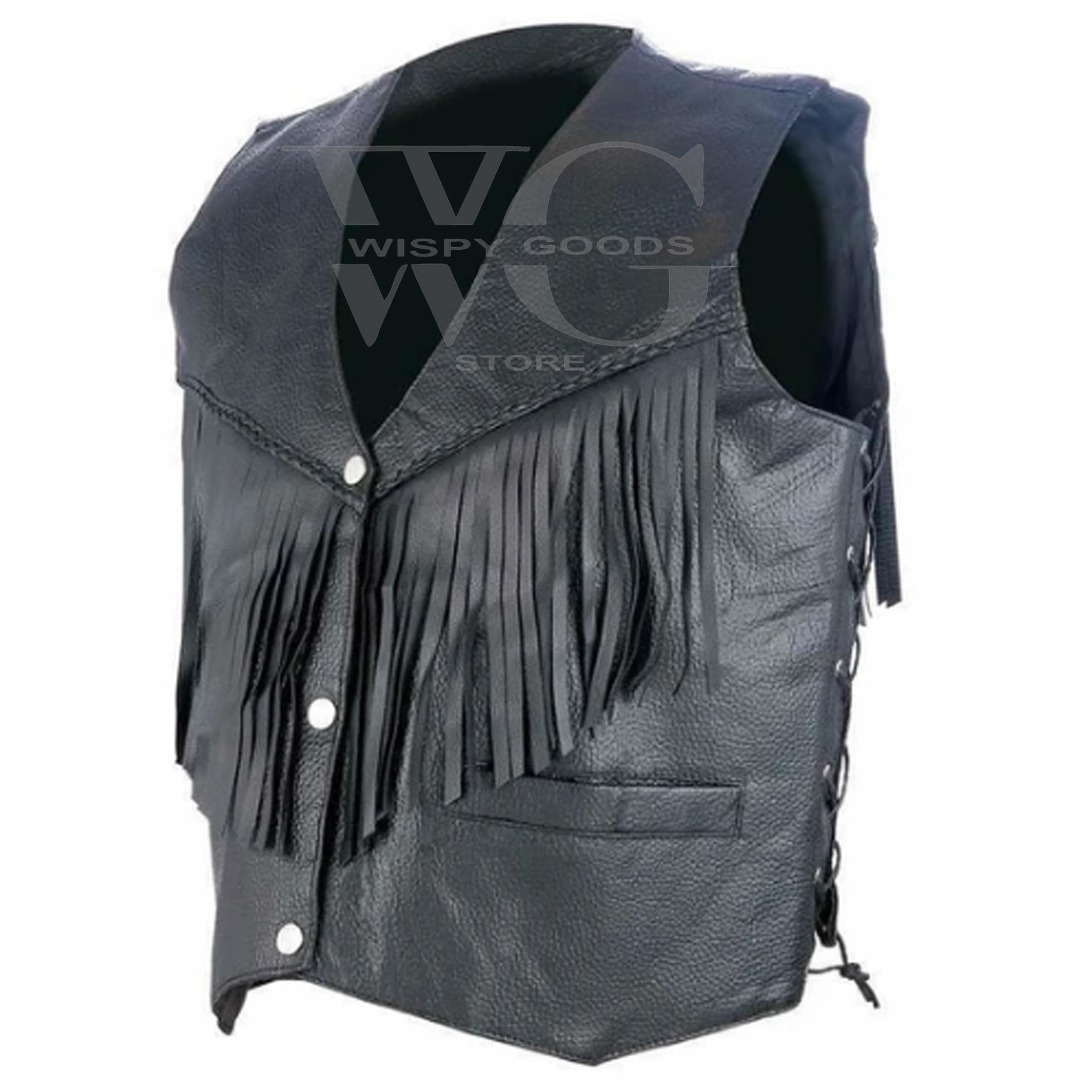 Men's Fringed Black Leather Vest - Western Cowboy Motorcycle Style