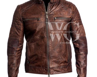 Giacca da uomo in pelle marrone effetto invecchiato - Dettagli trapuntati stile motociclista - Regalo streetwear per lui