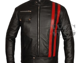 May include: Black leather jacket with a stand-up collar and a vertical red stripe on the right side. Features a zippered front, a small chest pocket, and snap closures at the waist. The jacket has a classic, streamlined design.