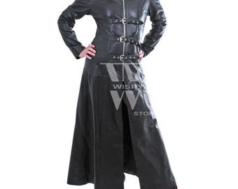Halloween Witch Leather Trench Coat | Women’s Gothic Black Corset Jacket | Witchy Leather Coat for Women | Fantasy Cosplay Outfit