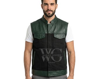 Chaleco de motociclista híbrido para hombre, de cuero verde bosque y mezclilla negra.