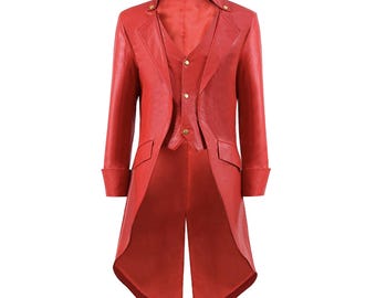 Men&#39;s Steampunk Red Leather Tailcoat: Victorian Trench Coat
