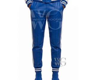 Women's Blue Real Leather Tracksuit Trousers - Slim Fit Varsity Joggers