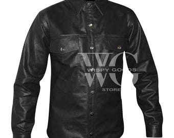 Camicia da uomo in pelle di agnello – Nera e rossa, vestibilità slim, stile biker - Chiusura con bottoni a pressione, streetwear.