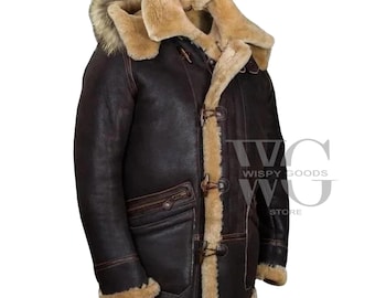 Men’s Brown Genuine Leather B3 Bomber Coat - Hooded Aviator Style, Faux-Fur Lined - Streetwear Jacket