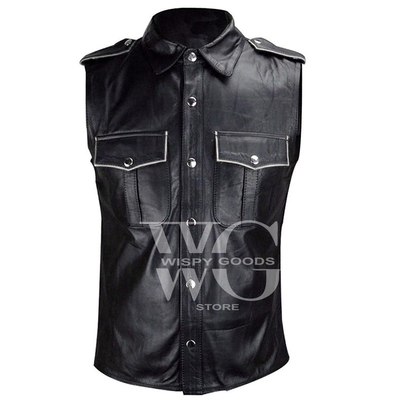 May include: Black leather sleeveless shirt with a button-down front, white stitching, and two large flap pockets. The shirt has a collar and is made of genuine leather.