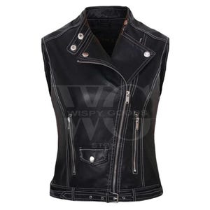 Black Leather Motorcycle Vest: Women&#39;s Moto Vest with White Stitching
