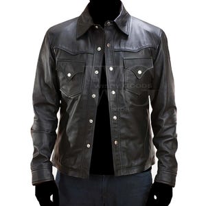 Camicia da uomo nera in vera pelle - Stile biker con bottoni a pressione - Regalo streetwear per lui