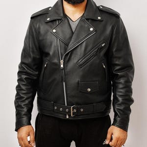 Blouson moto noir en peau de mouton - Blouson moto en cuir - Blouson en cuir noir classique à col rabattu et tendance