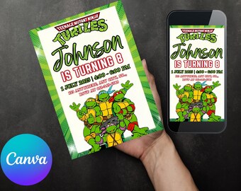 May include: A Teenage Mutant Ninja Turtles birthday invitation with the name "Johnson" and the text "IS TURNING 8". The invitation includes the date, time, and RSVP information. A smartphone displays the same invitation.