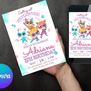 May include: A birthday party invitation featuring cartoon superhero cats. The invitation is white with pink and turquoise watercolour accents. The text reads "Calling all Superkitties" and "Adriana 7th Birthday". A smartphone displays the same design.