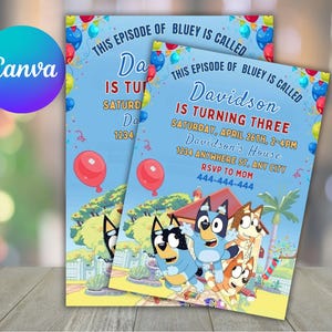 Convite de aniversário Bluey: modelo editável do Canva (download em PDF)