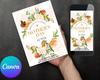 Peony Flowers Mother's Day Brunch Invitation, Editable Template (PDF)