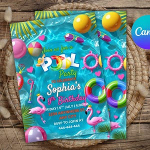 May include: Pool party invitation with a turquoise background featuring pool floaties, beach balls, and flamingos. The invitation text reads "Join us for a Pool Party to Celebrate Sophia's 9th Birthday".