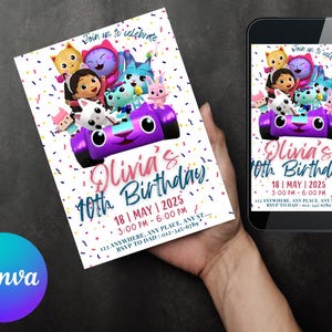 Gabby&#39;s Dollhouse Invite - Kids Birthday, Dollhouse Birthday, Editable Template, Dollhouse Party Invitation, Digital Invitation