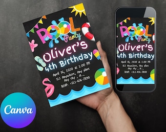 Editable Pool Birthday Party Invitation, Canva Template (Digital Download)
