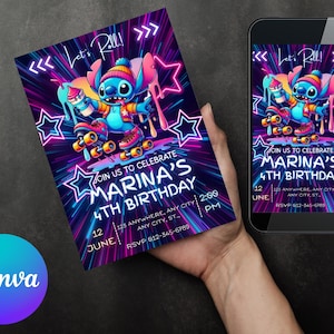 May include: A neon blue and pink birthday invitation with a cartoon Stitch character on roller skates. The invitation says "Join us to celebrate Marina's 4th Birthday" with the date and time.