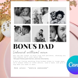 Bonus Dad Definition Poster: Personalizowany szablon kolażu zdjęć. Sztuka ścienna dla taty, wydruk na Dzień Ojca. Bonus Dad Gift. Prezenty dla ojczyma