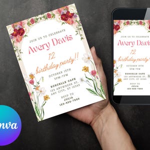 Editable Floral 1st Birthday Invite Wildflower Birthday Party Invite Template Garden Party Birthday Girl Birthday Flower Card Wildflower