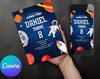 May include: A cosmic-themed birthday party invitation with the text "DANIEL TURNS 8". The design features planets, an astronaut, and a rocket against a starry blue background. The invitation is held next to a smartphone displaying the same design.