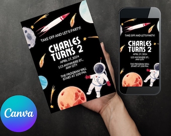 May include: A black invitation with a space theme, featuring a rocket, planets, and an astronaut. The text reads "Charles Turns 2" with the date, address, and time. A smartphone displays the same design.
