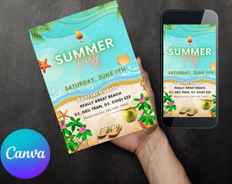 Invitación a fiesta de fin de verano: temática playera, plantilla editable de Canva