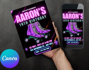 May include: A neon pink and blue birthday invitation with the text "JOIN US TO CELEBRATE AARON'S 16TH BIRTHDAY" and a graphic of purple roller skates. The invitation includes the date, time, and location of the party, as well as an RSVP number.