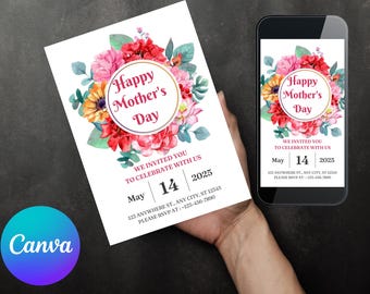 Peony Flowers Mother's Day Brunch Invitation, Editable Template (PDF)