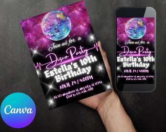 Invito di compleanno modificabile in stile discoteca, festa di ballo al neon (download digitale)