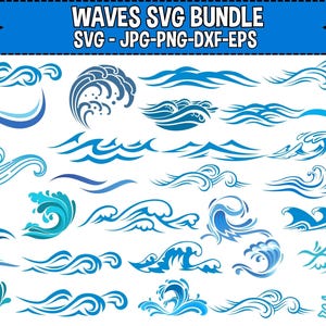 Puede incluir: Colección de diseños de olas azules en varios estilos. La imagen incluye un banner en la parte superior con el texto "WAVES SVG BUNDLE" e información del tipo de archivo. Las olas varían desde líneas simples hasta crestas detalladas, para proyectos digitales.