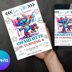 May include: A birthday party invitation featuring a cartoon character on roller skates, holding a drink. The invitation reads "Let's Roll! Join us to Celebrate" and "Charlotte is Turning 6". The date, time, and RSVP information are also included.