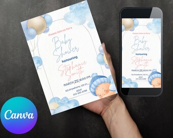 Modèle d'Invitation de baby shower ours en peluche, design étoile moderne (téléchargement imprimable éditable)