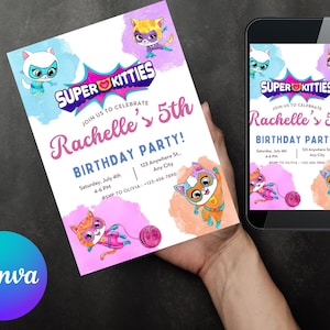 Printable Editable Super Kitty Invite, SuperKitty Birthday, SuperKitties Party invite template, Kitten Invitation Cute Invite