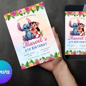 Stitch Birthday Invitation | Editable & Printable Template | Cute Stitch Party Invite | Canva Template | Instant Download