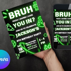 Bruh Birthday Invitation for Boys: Neon Green, Editable Template