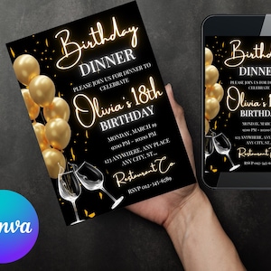 Convite de aniversário editável preto e dourado, convite com balões roxos para festa, para imprimir