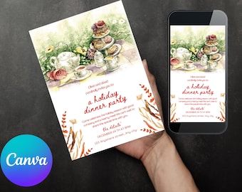 Invito modificabile per il Tea Party, rosa e oro, stravagante (modello Canva)